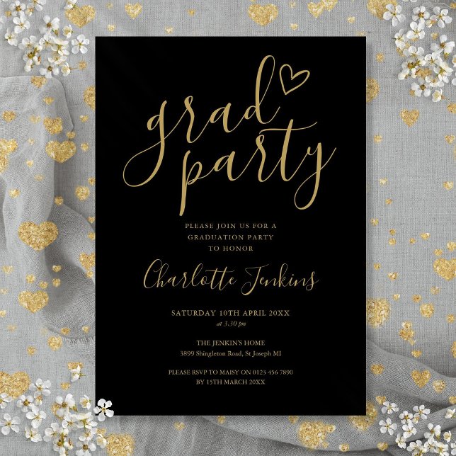 Svart Guld Grad Skript Hjärta Examen Fest Inbjudningar (Black Gold Grad Script Heart Graduation Party Invitation)