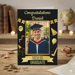 Svart & Guld Grattis Examenkort Med Foto Kort
