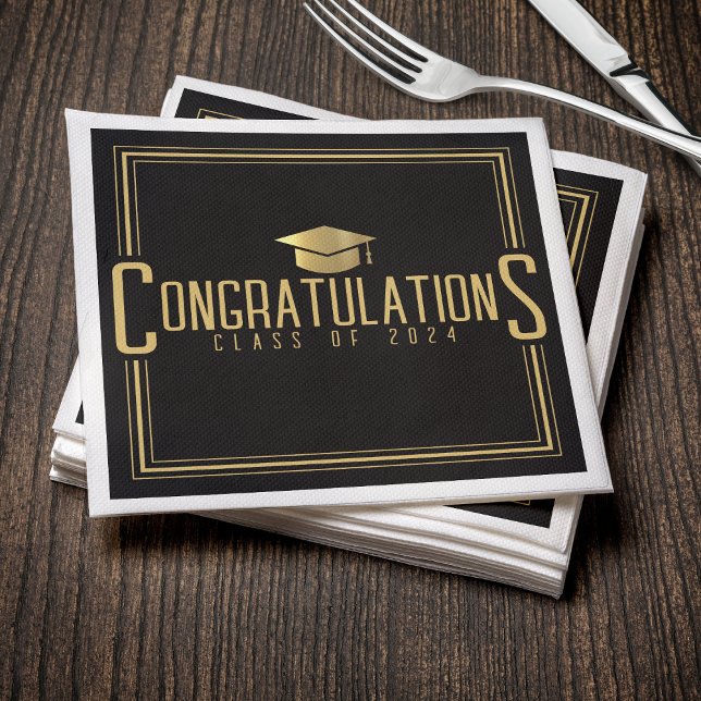 Svart & Guld Grattis till examen Pappersservett (Black & Gold Congratulations Class Of Graduation Napkins
)