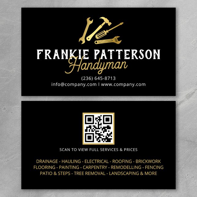 Svart Guld Handyman Reparation & Underhåll QR Kod Visitkort (Skapare uppladdad)