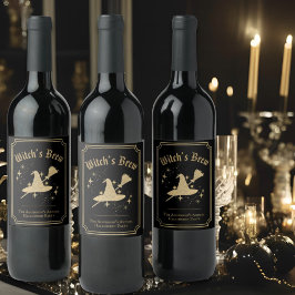 Svart Guld Hatt & Kvast Häxans Brygd Halloweenfest Vinflaska Etikett