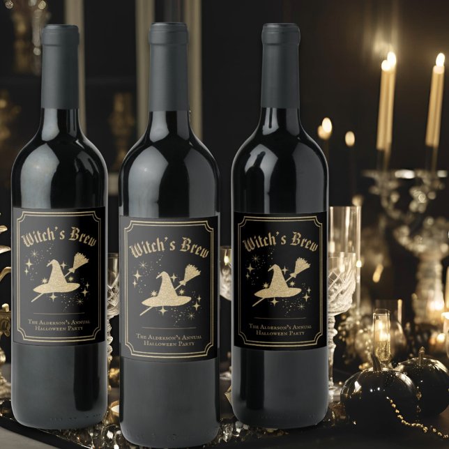 Svart Guld Hatt & Kvasts Häxans Brygd Halloweenfes Vinflaska Etikett (Skapare uppladdad)