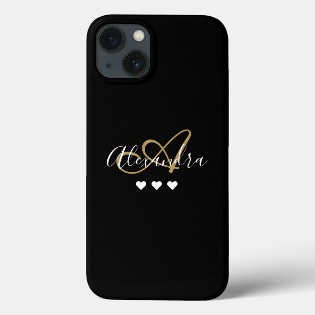 Svart Guld Hjärtan Skript Namn Monogram (Baksida)