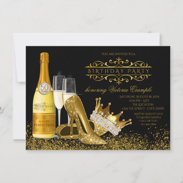 Svart guld Höga klackar Princess Födelsedag Inbjudningar (Framsida)