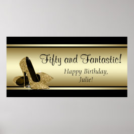 Svart Guld Högt Klackad Födelsedagsfest Banner Poster