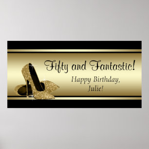 Svart Guld Högt Klackad Födelsedagsfest Banner Poster