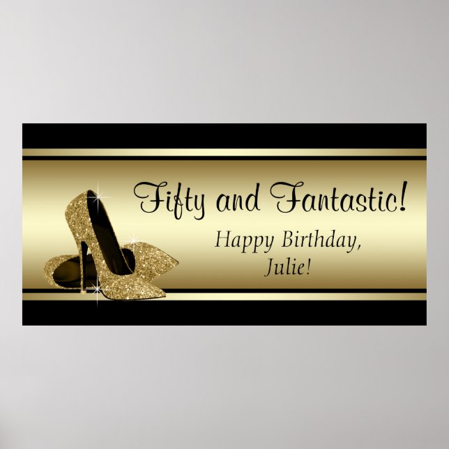 Svart Guld Högt Klackad Födelsedagsfest Banner Poster (Framsidan)
