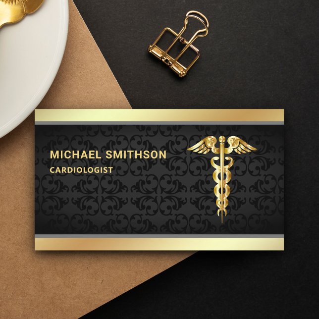 Svart Guld Kaducé Stämpel Medicinsk Professionell Visitkort (Skapare uppladdad)