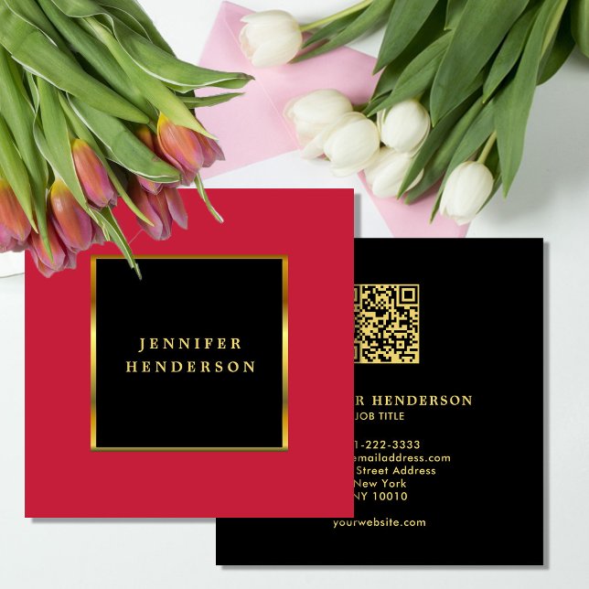 Svart guld kardinalröd QR-kod professionell Fyrkantigt Visitkort (Modern elegant black gold,  cardinal red QR code professional Square Business Card. )