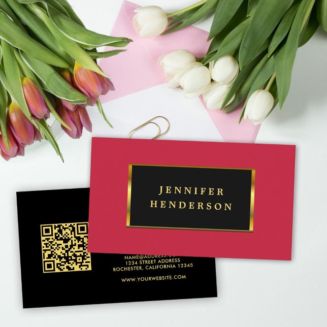 Svart guld kardinalröd QR-kod professionell Visitkort (Moden chic black gold, cardinal red QR code professional Business Card.)