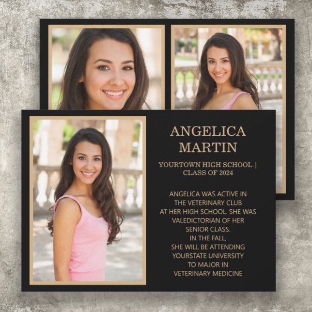 Svart Guld Klass 2024 Examen Foto Meddelande (Black and gold 3-photo graduation announcement printed on front and back)