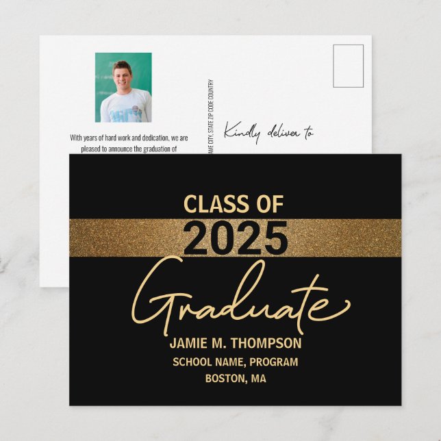Svart Guld-klass av 2025 Studenten-foto Vykort (Fram/baksida)