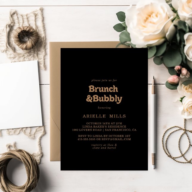 Svart Guld Klassisk Brunch och Bubbly Bröllopsdusc Inbjudningar (Skapare uppladdad)