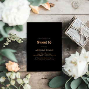 Svart Guld Klassisk Minimal Sweet 16 Födelsedagsfe Inbjudningar