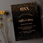 Svart guld konetti, födelsedagspresent inbjudan vykort<br><div class="desc">En modern elegant och inbjudan. En svart bakgrund dekorerad med guldkonetti. Anpassa och lägg till födelseår,  namn och detaljer.</div>