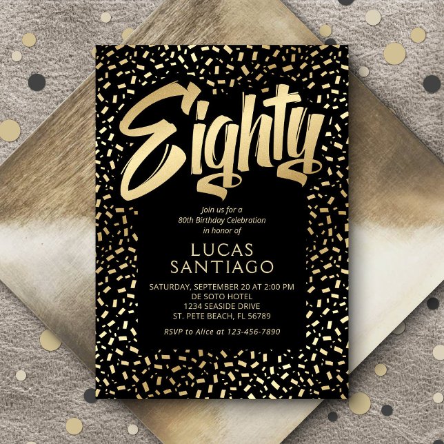Svart Guld-konfetti, 80:e födelsedagen Inbjudningar (Skapare uppladdad)