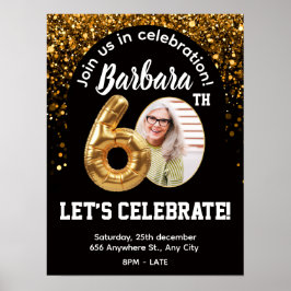 Svart Guld Konfetti Födelsedagsinbjudan 60-årsdag Poster