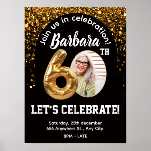 Svart Guld Konfetti Födelsedagsinbjudan 60-årsdag Poster