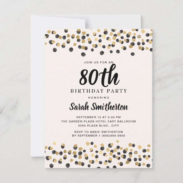 Svart Guld Konfetti Glitter 80-årsdag Inbjudningar (Framsida)