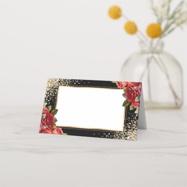 Svart Guld Konfetti Röda Rosor Blommig Placeringskort (Framsida)