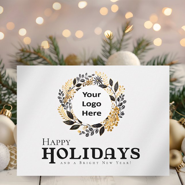 Svart Guld-krans - julafton Lycklig Julkort (Black and Gold Wreath Happy Holidays Corporate Business Holiday Card for Customers and Employees)