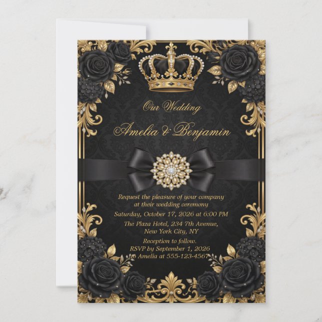 Svart Guld Kunglig Krona Elegant Bröllop Inbjudningar (Framsida)