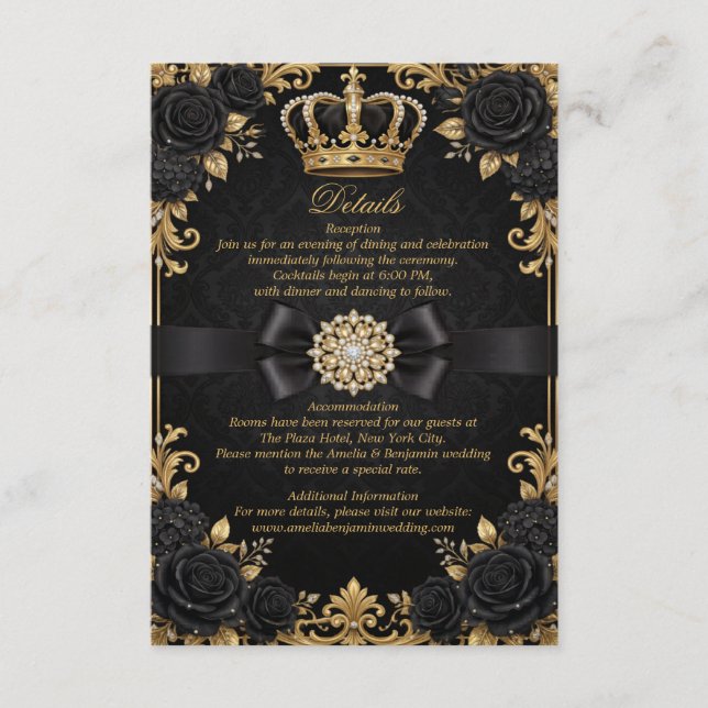 Svart Guld Kunglig Krona Elegant Bröllop  Tilläggskort (Framsida)