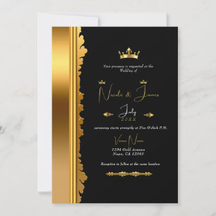 Svart & Guld Kunglig Krona Elegant Glam Bröllop    Inbjudningar