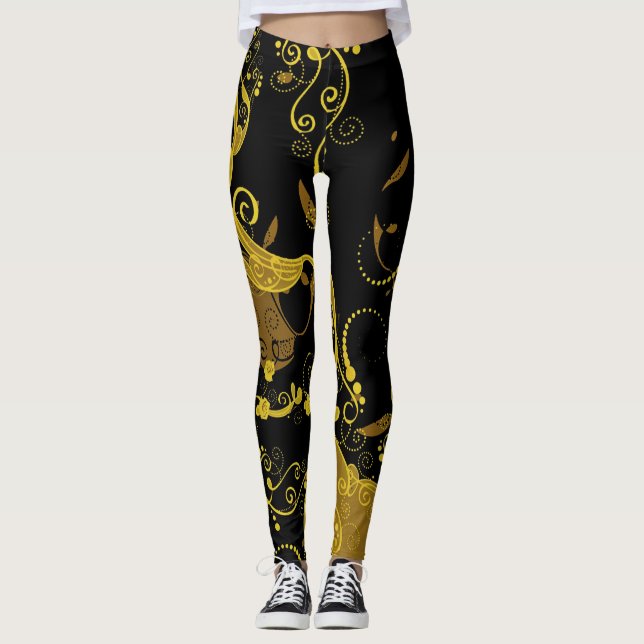 Svart/Guld Kvinnliga skinn Leggings (Framsida)