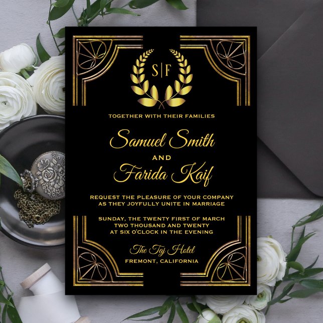 Svart Guld Lager Monogram Bröllopsinbjudan Inbjudningar (Skapare uppladdad)