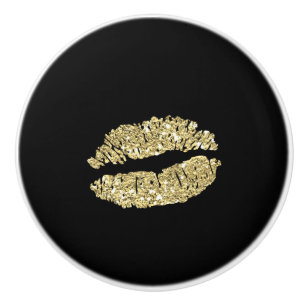 Svart & Guld Läppar Kyss Chic Glam Låda Byrå Knopp