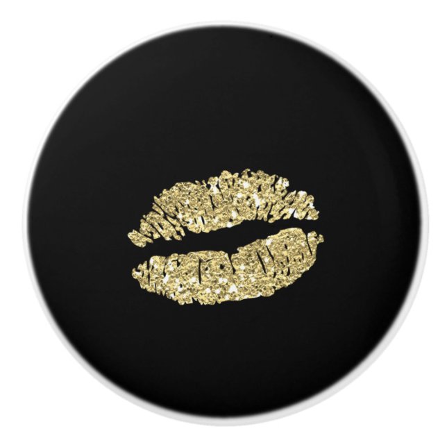 Svart & Guld Läppar Kyss Chic Glam Låda Byrå Knopp (Framsidan)