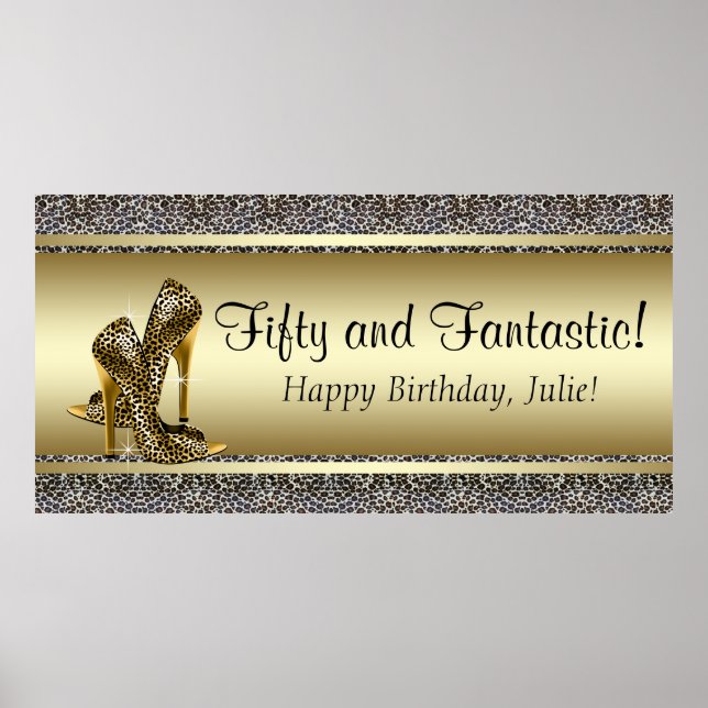 Svart Guld Leopard Födelsedagsfest Banner Poster (Framsidan)
