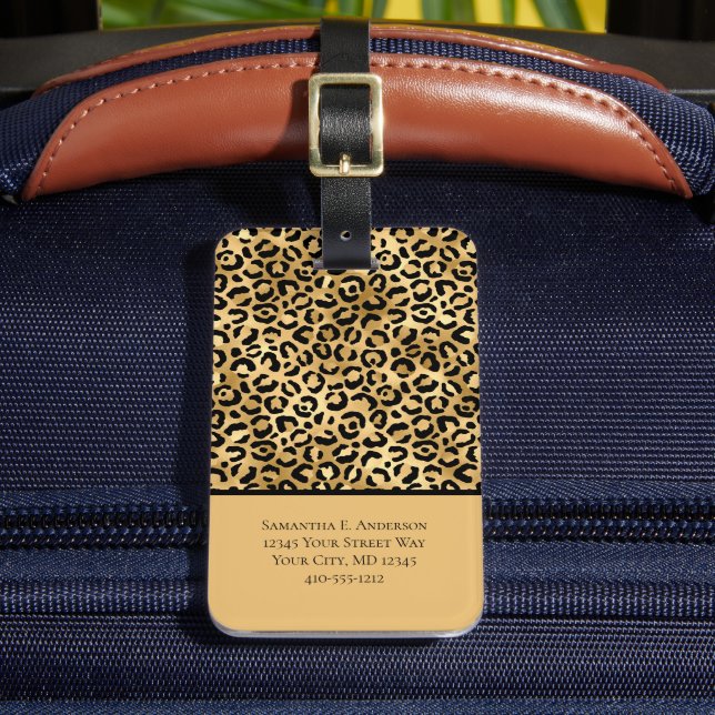 Svart Guld Leopard Gepardtryck Trendig Chic Bagagebricka (Framsida Insitu 2)