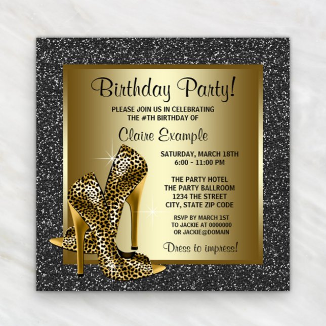Svart Guld Leopard Höga Klackar Födelsedagsfest Inbjudningar (Black gold leopard shoe any occasion invitation. Instant download & printed invitations available.)