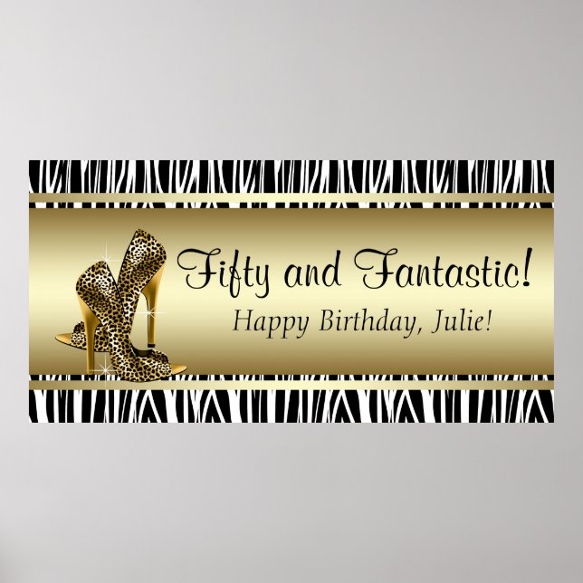Svart Guld Leopard och Zebra Födelsedagsfirande Ba Poster (Framsidan)