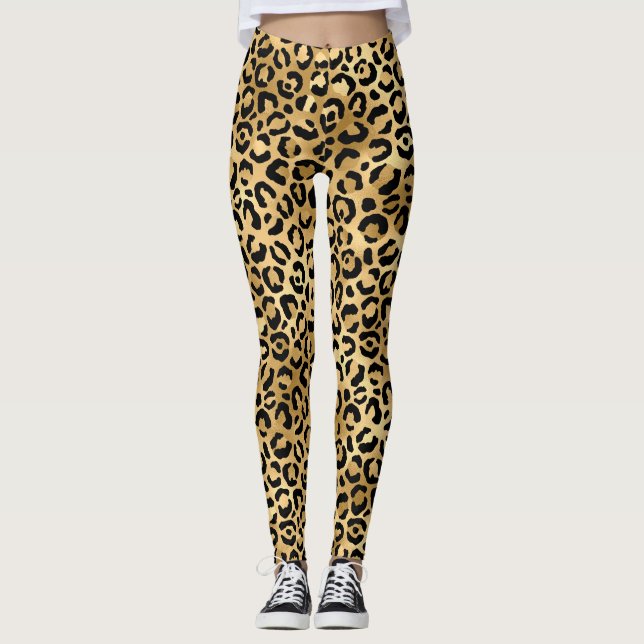 Svart Guld Leopardtryck Gepard Djur Trendigt Leggings (Framsida)