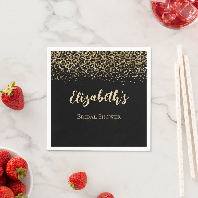 Svart Guld Leopardtryck Glitter Bröllopsfest Pappersservett (Insitu)