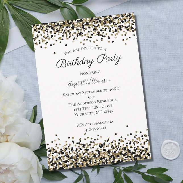 Svart Guld Leopardtryck Glitter Overlay Födelsedag Inbjudningar (Skapare uppladdad)