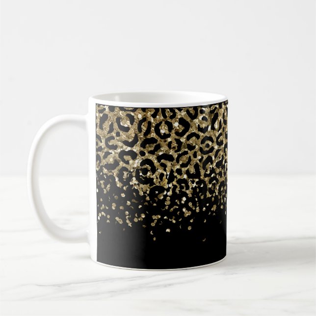 Svart Guld Leopardtryck Glitter Overlay Trendigt Kaffemugg (Vänster)