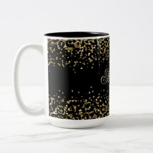 Svart guld leopardtryck glitteröverdrag Monogram Två-Tonad Mugg