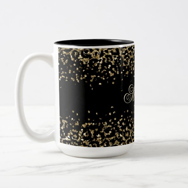 Svart guld leopardtryck glitteröverdrag Monogram Två-Tonad Mugg (Vänster)