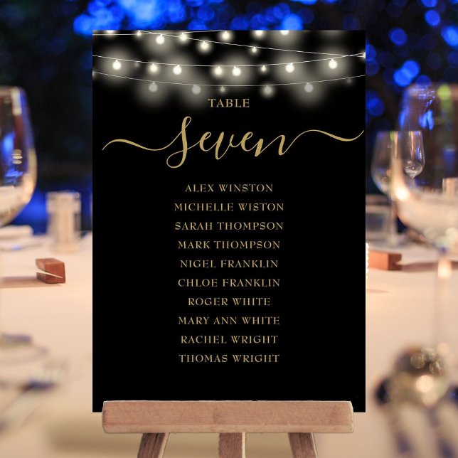 Svart Guld Ljus Bord Nummer Sittplatskarta Inbjudningar (Black Gold Lights Table Number Seating Chart)