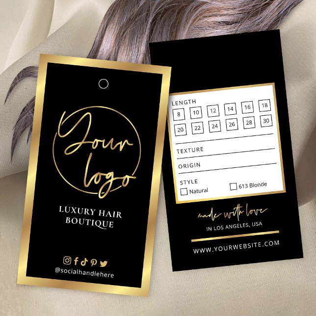Svart & Guld Logo Hårförlängningar Storlek Hängand Visitkort (Black and gold hair extensions price tag with space for your logo and business details)
