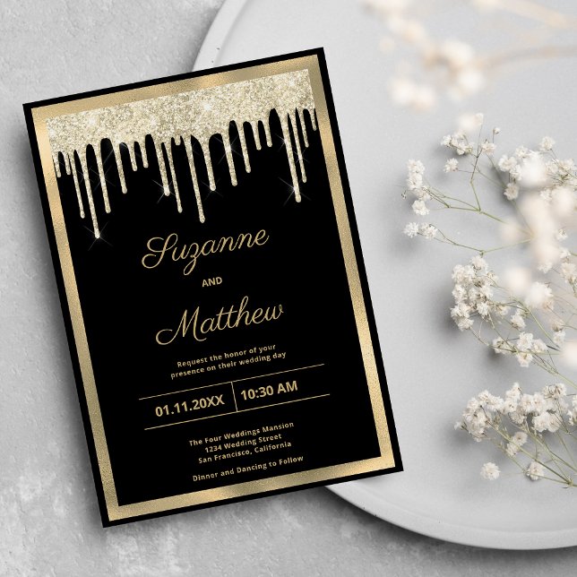 Svart guld lyx glitter droppar bröllop inbjudningar (Black gold luxury glitter drips wedding)