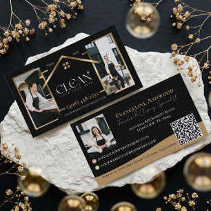 Svart & Guld Lyxig Hemstädning Foto Logotyp QR Visitkort