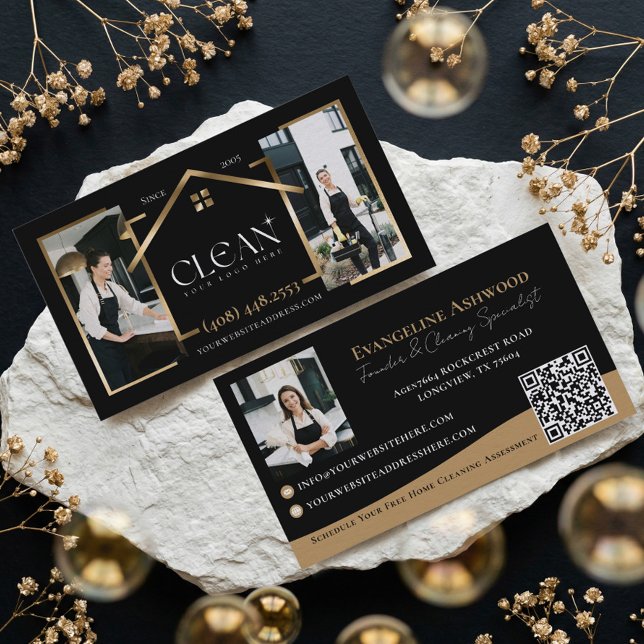 Svart & Guld Lyxig Hemstädning Foto Logotyp QR Visitkort (Black & Gold Luxury Home Cleaning Photo Logo QR Business Card)
