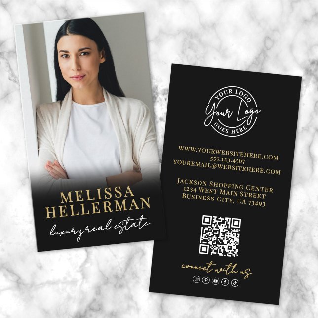 Svart Guld Manus Lyxfastigheter Foto Visitkort (Black Gold Script Luxury Real Estate Photo Business Card)