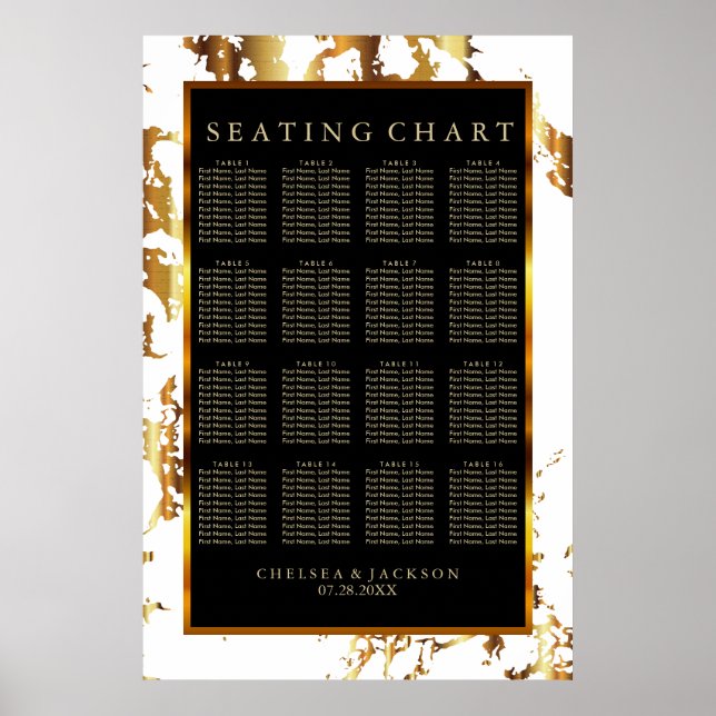 Svart, Guld Marble & White - 16 Sittplatsdiagram Poster (Framsidan)