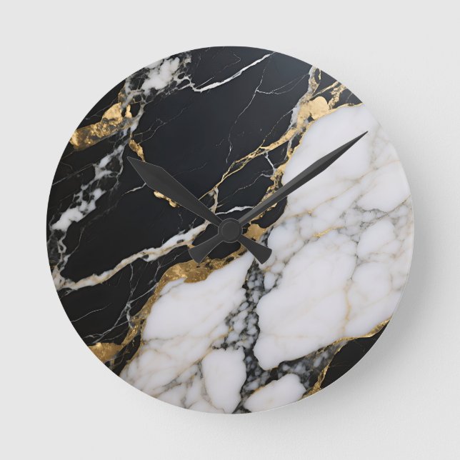 Svart Guld Marmor Ådror Lyx Abstrakt Rund Klocka (Framsida)